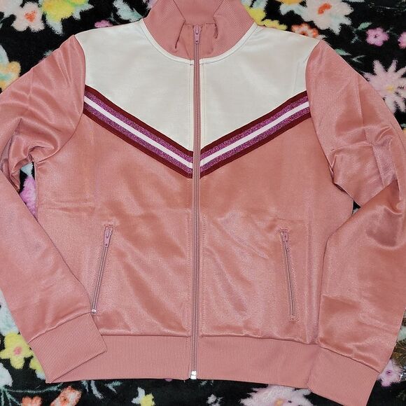 New American Apparel Track Crop Zip Up Jacket Dusty Rose w Trophy Stripe M - Picture 2 of 8
